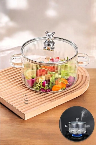 Madamev Cam Tencere Ayıcık Figürlü Minimalist Borosilikat Isıya Dayanıklı Ocaküstü Tencere 1500ml Şeffaf Çizgili