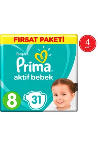 Prima Pampers Aktif Bebek Fırsat Paketi Bebek Bezi 17+ KG 8 Beden 4 x 31 Adet 4'lü
