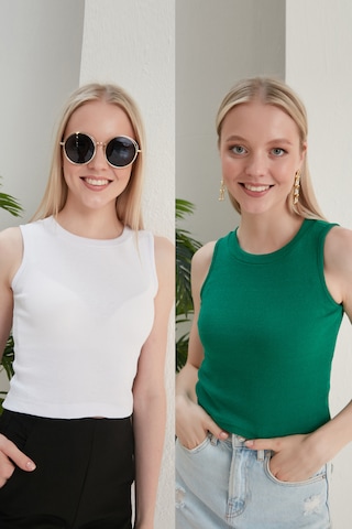 Catspy Kadın Halter Yaka 2'li Crop Bluz Atlet Beyaz - Yeşil
