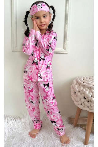 Kız Çocuk Desenli Kalp Karakter Baskılı Pembe Renk Uzun Kollu Pijama Takımı Pembe