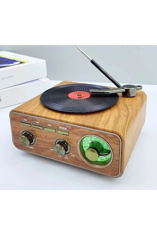 Nostaljik Tasarım Plak Çalar Görünümlü Radyolu Bluetooth Hoparlör Retro Müzik Plak