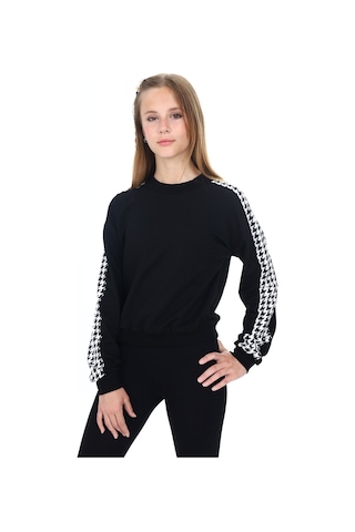 Kız Çocuk Relax Fit Dik Yaka Düşük Omuz Kolu Garnili Sweatshirt - 2 İplik Siyah