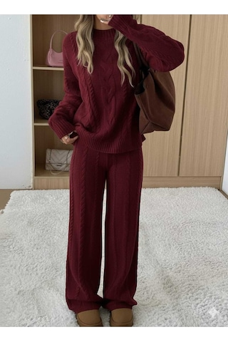 Sayzen Your Shine Saç Örgülü Kazak Pantolon Triko Takim Systkm01 Bordo