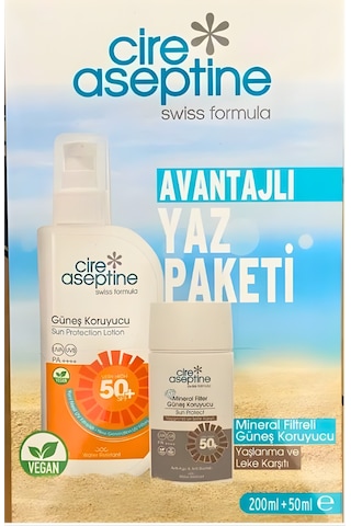 Cire Aseptine Avantajlı Yaz Paketi Güneş Koruyucu Spf 50+ 200ml İle Mineral Filtreli Güneş Koruyucu Yaşlanma Ve Leke Karşıtı Spf 50+ 50ml