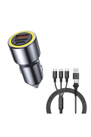 120 Watt Araç Içi Şarj Cihazı 3.1a Pd 55 Watt Hızlı Şarj Aleti Metal Çakmaklık Şarj Type C 3-port Işıklı Gri