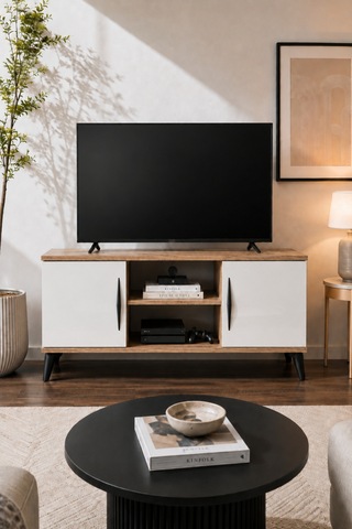 Vermo Tv Sehpası Tv Ünitesi Televizyon Sehpası Çam Beyaz 110 Cm Atlantik Çam - Beyaz