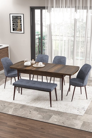 Canisa Concept Zen Serisi 80x132 Mdf Açılabilir Barok Ahşap Desen Masa Takımı 4 Füme Sandalye Ve 1 Bench Barok Masa Sandalye Ve Bench Füme