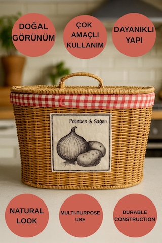 Rattan Patates Soğan Sepeti Pötikare Kumaşlı, Bölmeli, Dekoratif Ve Düzenleyici Kapaklı Sebzelik Kahverengi