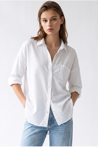 Mixray 4963 Kadın Tencel Kumaş Oversize Cepli Uzun Kollu Gömlek Beyaz