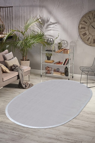 Comfort Oval Overloklu Peluş Halı Gri Gri Düz Saçaklı Oval