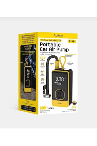 Auhma A9911 Dijital Lcd Ekranlı Dahili Led Fenerli 4000 Mah Hava Kompresörü / Powerbank Özellikli 0 - 150 Psı 0 - 10 Bar