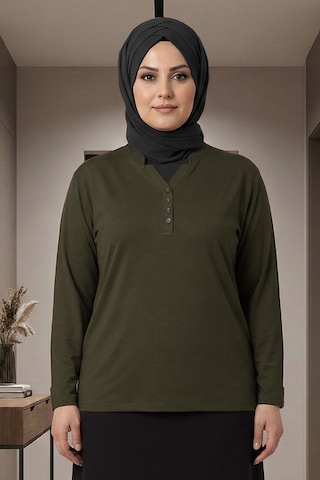 Pıtırcık Cimariva Kadın Neval Büyük Beden V Yaka Taşlı Bluz R14 Haki