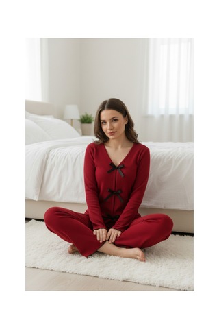 Moda Dua Kadın Bordo Fiyonklu İç Çamaşırı Ve Uzun Kollu V Yaka Pijama Takımı 4'lü Set
