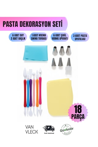 18 Parça Pasta Dekorasyon Seti Duy, Spatula, Krema Torbası Ve Şekil Verme Çubukları Metalik