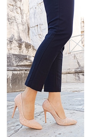 White Line Talaria Yılan Desenli Rugan Yüksek Topuk Stiletto 001 - Pudra