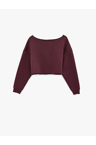 Koton Uzun Kollu Kayık Yaka Baskılı Crop Oversize Sweatshirt Bordo 6sal10246ık Bordo