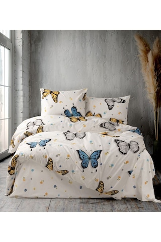 Ranforce Light Kelebek Çift Kişilik Nevresim Takımı Beyaz - Mavi - Hardal