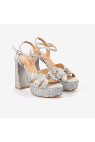 Hawen Angels Kadın Saten 12,5 Cm Platform Topuklu Taşlı Gece & Abiye Ayakkabı 380-75 Gümüş