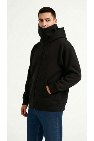 Veraura Lifestyle Samuray Ninja Çift Kapüşonlu Zıp Fermuarlı Kanguru Cepli Tam Fermuarlı Hoodie Sweatshirt - Siyah