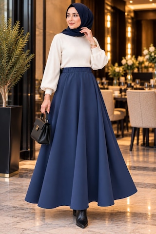 Esra Butik78 Scuba Kumaş Uzun Kloş Etek Siyah&lacivert-100 Cm