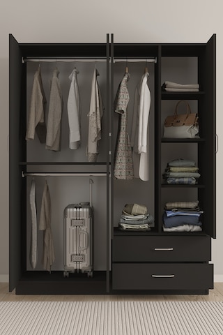 Aeka Ae-1077 Terra 4 Kapaklı 2 Çekmeceli 3 Askılıklı Raflı 140x182x53 Cm Gardırop Antrasit