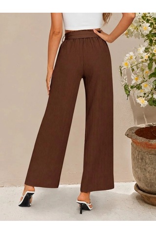 DefyModa Kadın Yüksek Bel Lastikli Bağcıklı Uzun Geniş Kesim Detaylı Krinkıl Pantolon Kahve