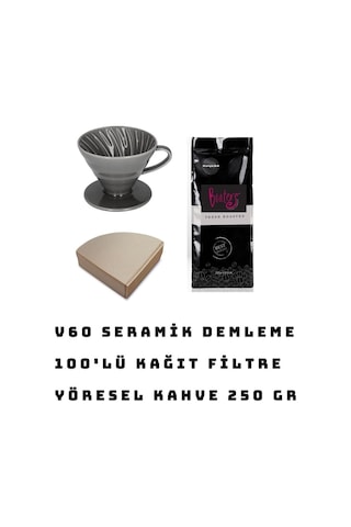 V60 Demleme Seti Seramik Dripper + 100'lü Filtre + Kahve