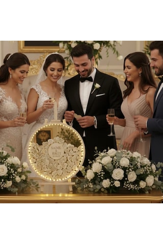 Evlilik Sepetim Düğün-nişan Gold Aynalı Pleksi 50 Cm Yuvarlak Misafir-hatıra Anı Defteri-kutusu + Şövale Ve Kalem Hediyeli