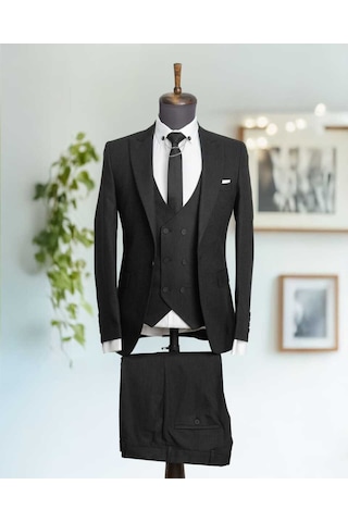Beystil Sivri Yaka Siyah Takım Elbise Bezayak - Slim Fit Siyah
