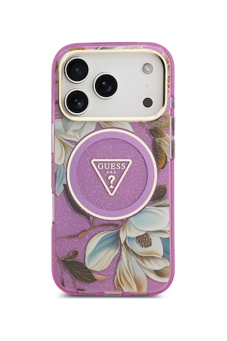 Apple Uyumlu iPhone 17 Pro Kılıf Guess Lisanslı M-safeli Simli Çiçek Desenli Metal Kamera Çerçeveli Kapak Mor Mor