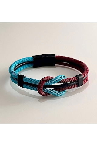 Çift Renkli El Yapımı Taraftar Bilekliği Makrome-%100 Deri Kombin Unisex Bileklik Net 21 Cm Bordo - Mavi