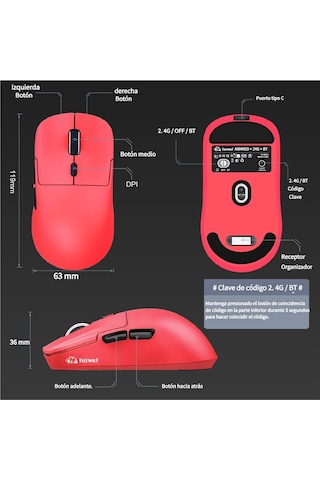 Freewolf A6 Kablosuz Oyuncu Mouse Paw3311 1000 Hz 24000 Dpı Profesyonel Bluetooth Üç Modlu Bağlantı Diğer