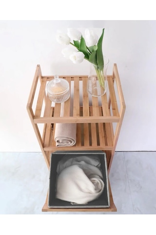 Bambu 2 Raflı Kirli Sepeti Çok Amaçlı Banyo Düzenleyici Organizer Ahşap