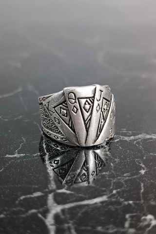 İskambil Poker Briç Oyun Kağıdı Şekilli Erkek Yüzük Gümüş Kaplama Çok Renkli