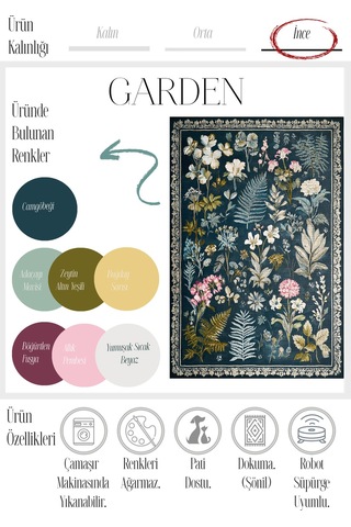 Garden 817 Lacivert Botanik Çiçekli Halı Yıkanabilir İnce Dokuma Taban Salon Oturma Odası Halısı Lacivert A