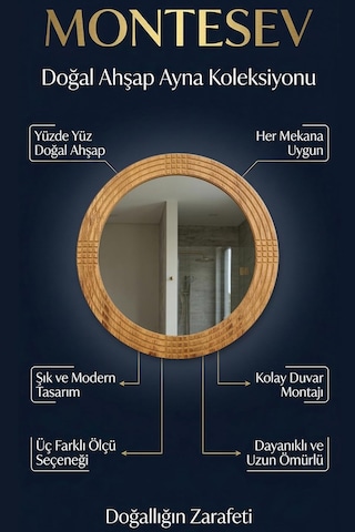 Safir Antik İşlemeli Ahşap Dekoratif Ayna Yuvarlak Ayna Duvar Aynası Banyo Lavabo Aynası 44cm Ayna - 56cm Çerçev Genel