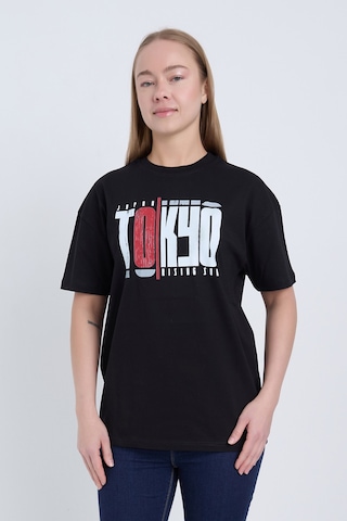 Velvoria Unisex Oversize Siyah Desenli Tokyo T-shırt