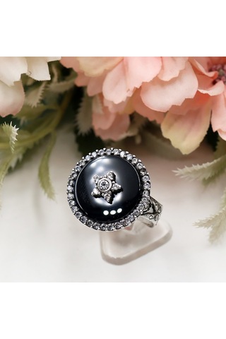 Zirkon Taşlı Oniks Taş Üzerinde Yıldız Set Rose Gold - Gümüş