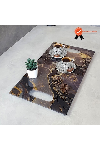 Decorita Cam Tepsi Kahverengi Simli Mermer 29Cm X 52Cm