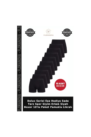 Floranova Delux Serisi Eşe Hediye Sade Tarz Spor Giyim Erkek Siyah Boxer 10'lu Paket Pamuklu Likralı