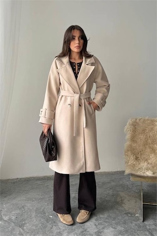 Neşeli Butik Kadın Kuşak Detaylı Astarlı Kaşe Kaban Nbg120 Bej