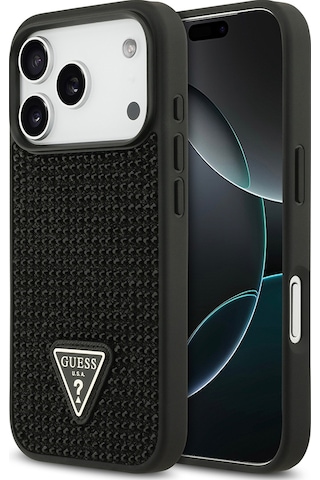 Apple Uyumlu iPhone 17 Pro Kılıf Guess Lisanslı Taşlı Arka Yüzey Üçgen Logolu Kapak Siyah