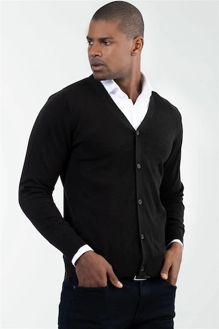 Tudors Slim Fit Dar Kesim Düğmeli Düz Pamuk Erkek Hırka-12697 Siyah