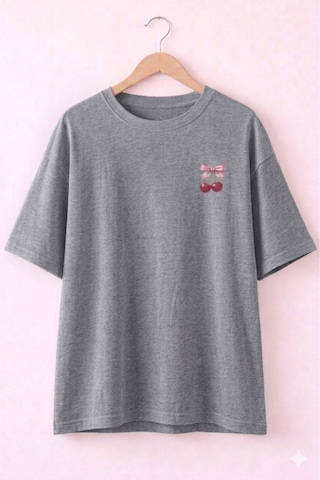 Minimal Kiraz Desenli Baskılı T-shirt Gri