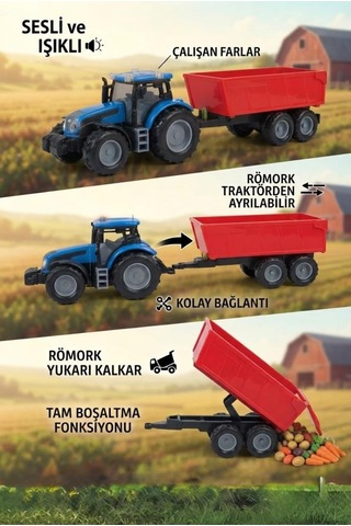 Pilli Sesli Ve Işıklı Römorklu 45 Cm Mavi Traktör Eğitici Ve Eğlenceli Oyuncak Traktör
