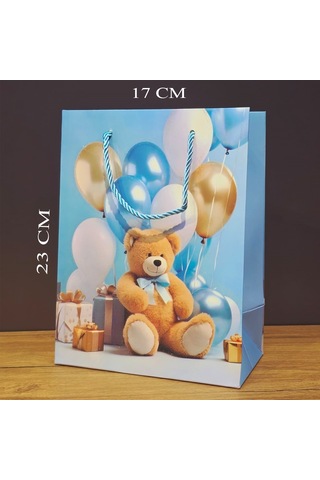 Premium Yıldönümü Parti Baby Shower Doğum Günü Ayıcık Desenli Mavi Küçük Boy Karton Hediye Çantası