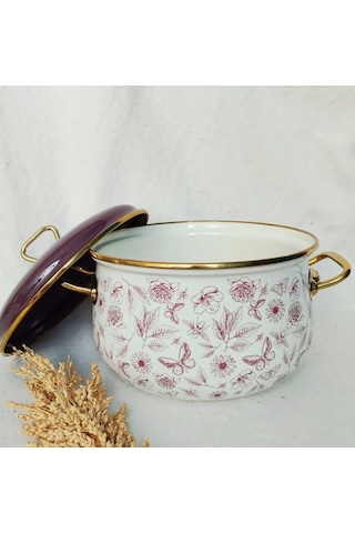 22 Cm Lila Vintage Çiçek Emaye Tencere 3,75 Litre Süt Yoğurt Güveç Tenceresi Lila
