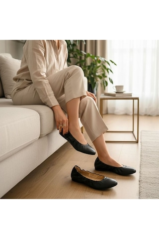 Ne&ve Shoes Siyah Hakiki Deri Ağzı Büzgü Lastikli Kadın Rahat Babet