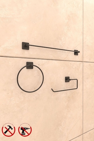 Alper Banyo Jasmin Siyah 3'Lü Yapışkanlı Banyo Seti Uzun Havluluk, Halka Havluluk Ve Solo Havluluk