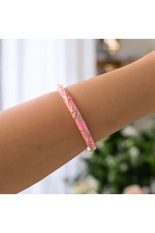 Taşlı Çiçek Motifli Pembe Mineli Çelik Bilezik Gold